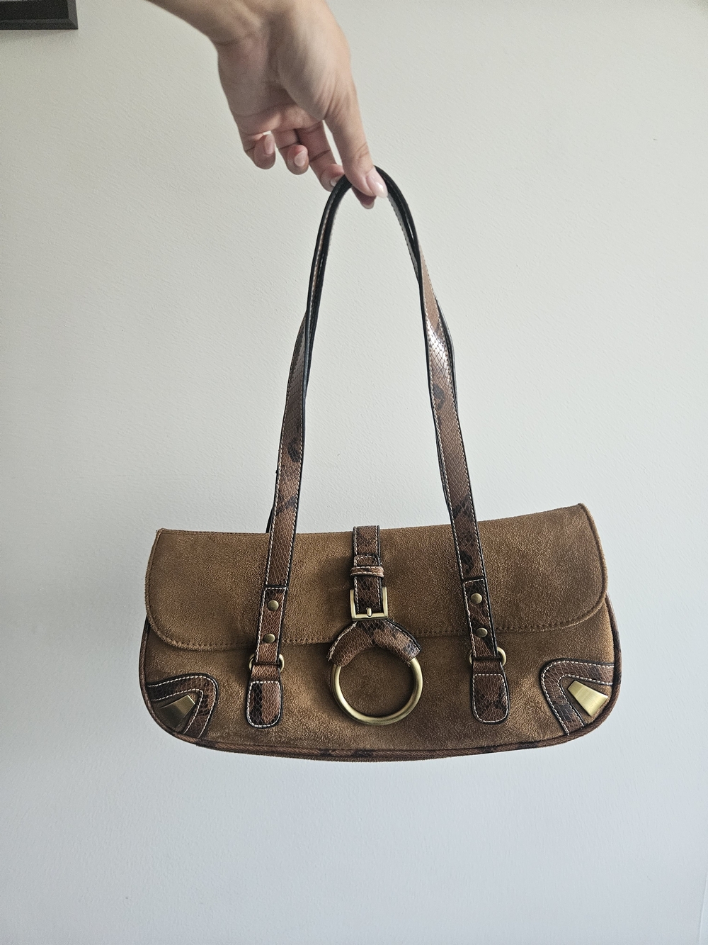 Vintage Brown Suede Shoulder Bag with Snake-Print Trim - Picture 2 of 3